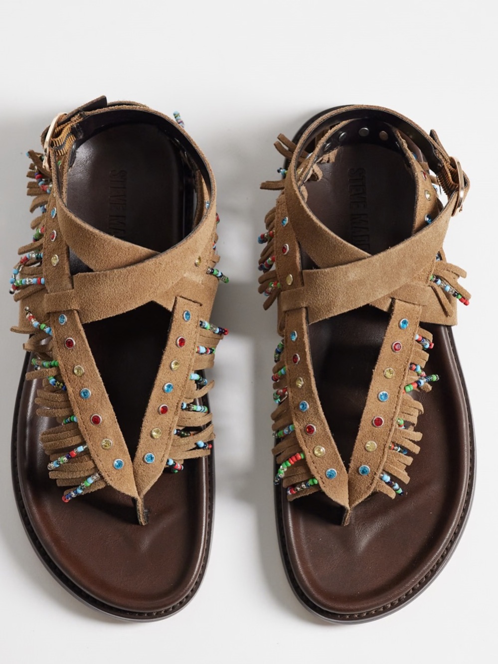 Steve Madden Chestnut Wendell Embellished Crystals Fringe Suede Sandals NIB 7.5